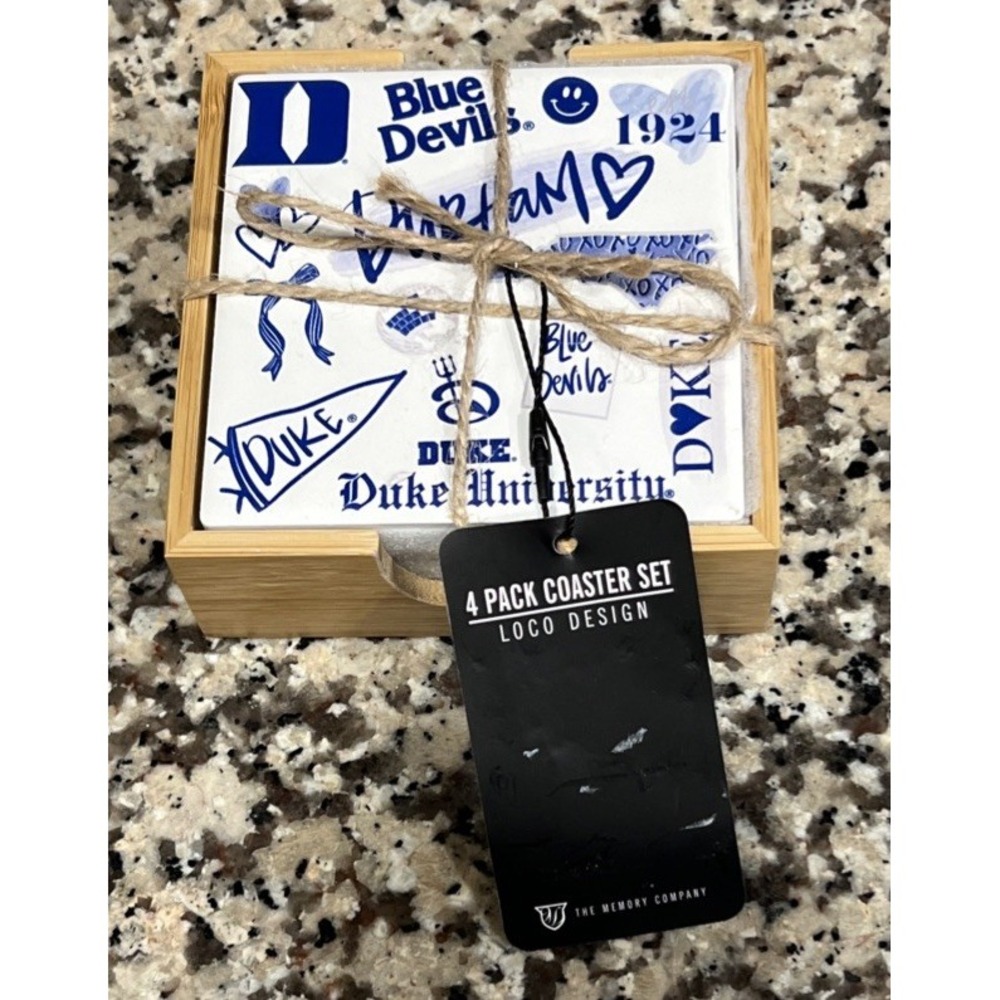 New Duke Blue Devils Slate Drink Set Of 4 Square Coasters With Wooden Holder